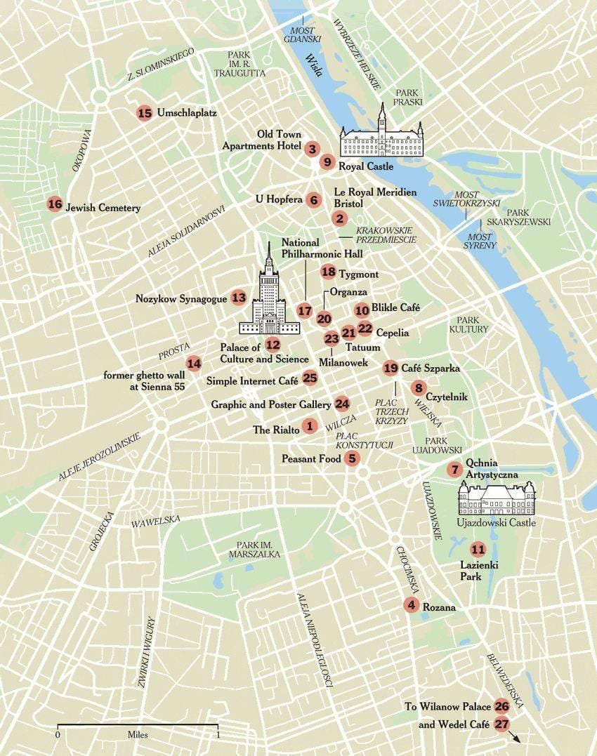 地図のワルシャワの観光名所
